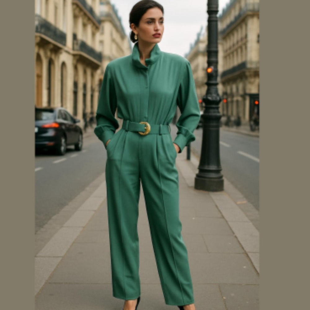 Vintage Teal Pant Jumpsuit With Belt